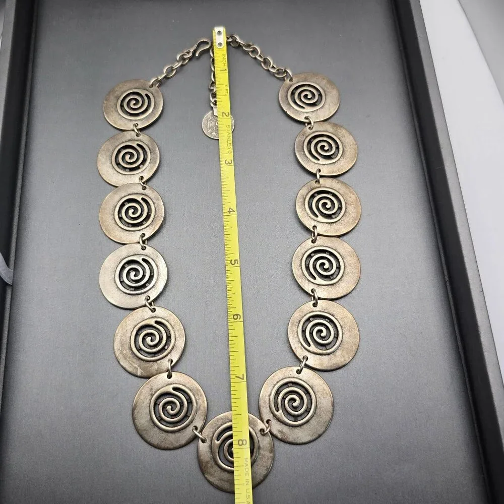 VTG Swirl Disc Medallion Statement Necklace 16" Antique Silver-Plate Adjustable - Picture 13 of 13